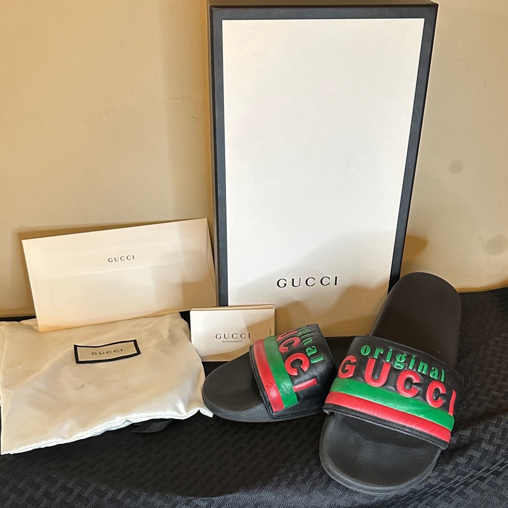 Gucci Black and Green Slide Sandals